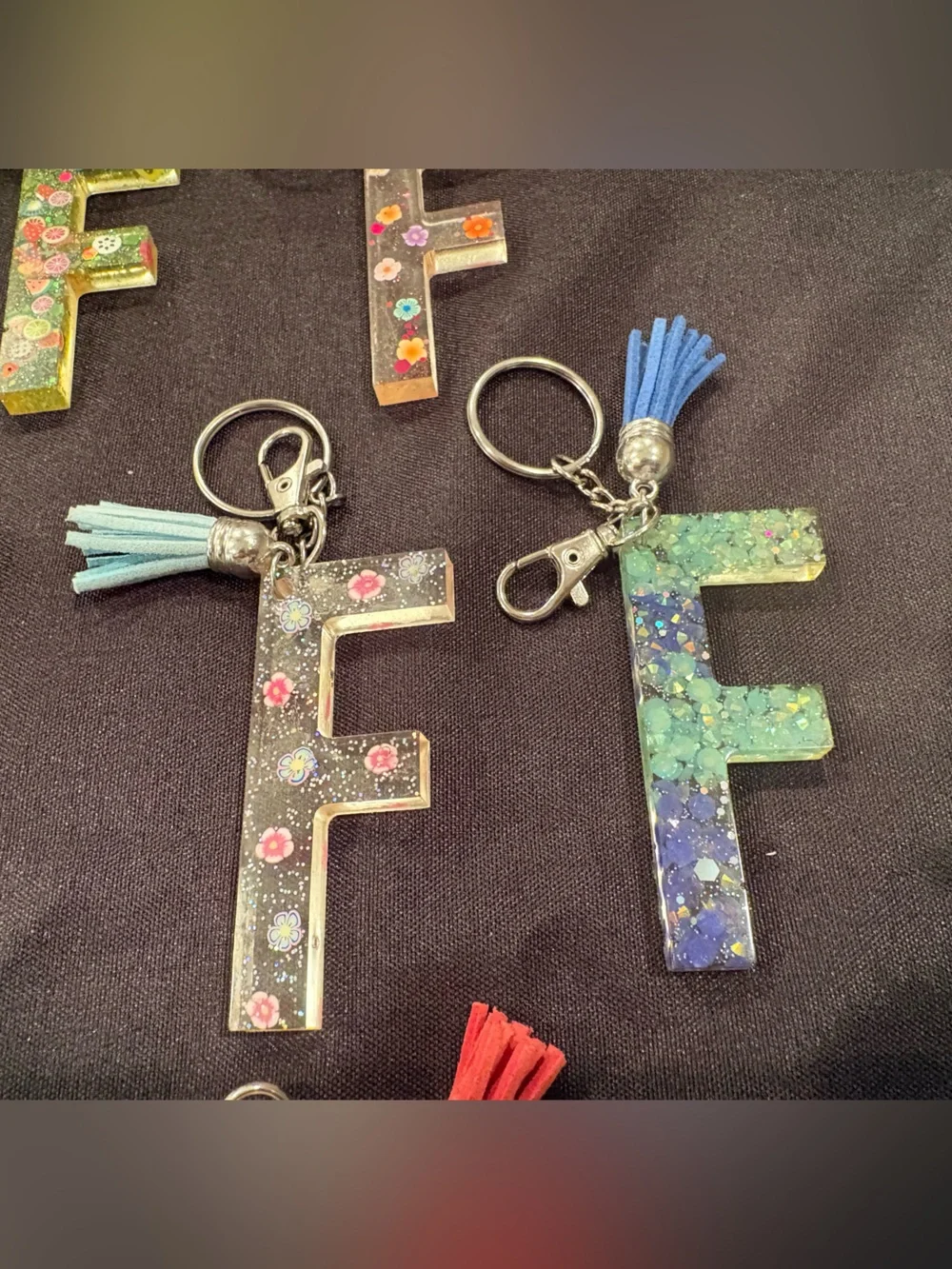 Letter F Glitter Resin Keychain with Tassel